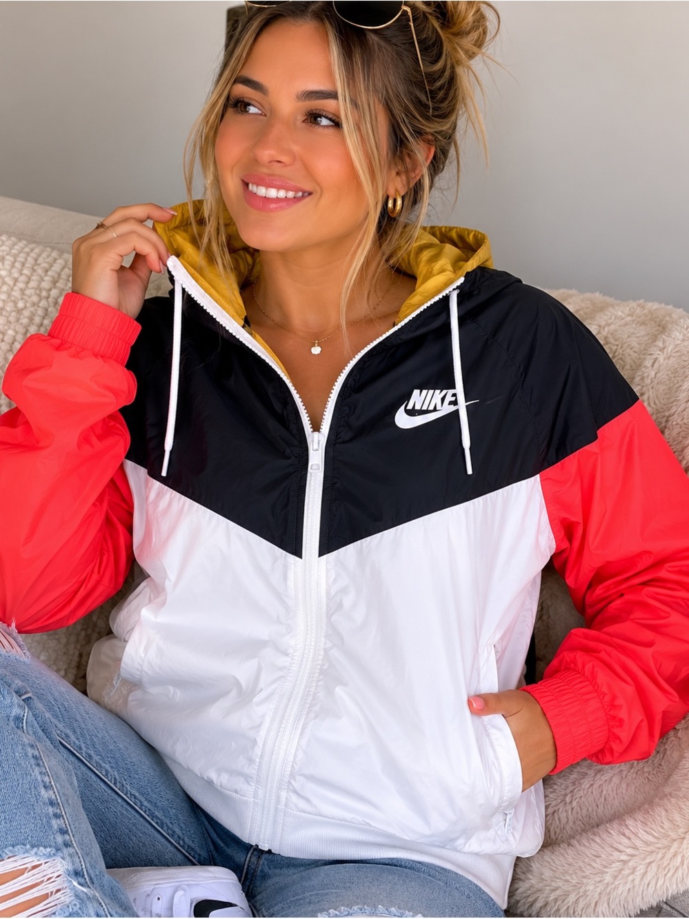 Nike Colorblock Zip Windbreaker - White, Black, Coral, Mustard